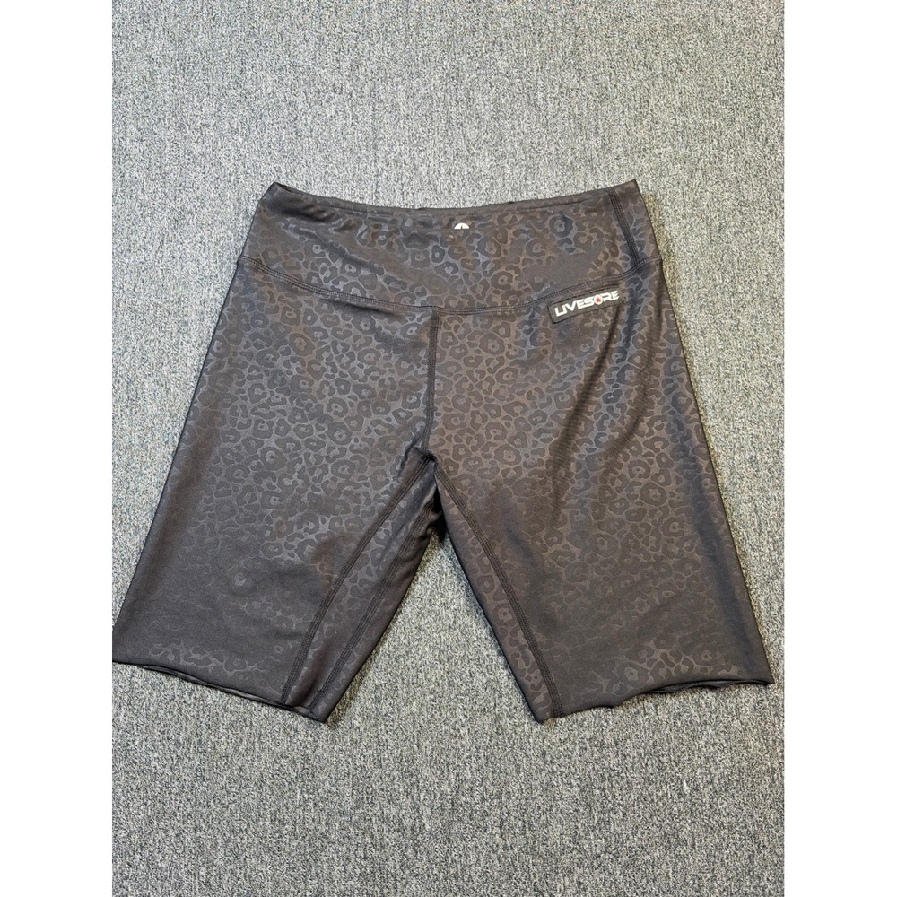LiveSore Womens Black Leopard Print Biker Shorts Size M Athletic‎ CrossFit Gym